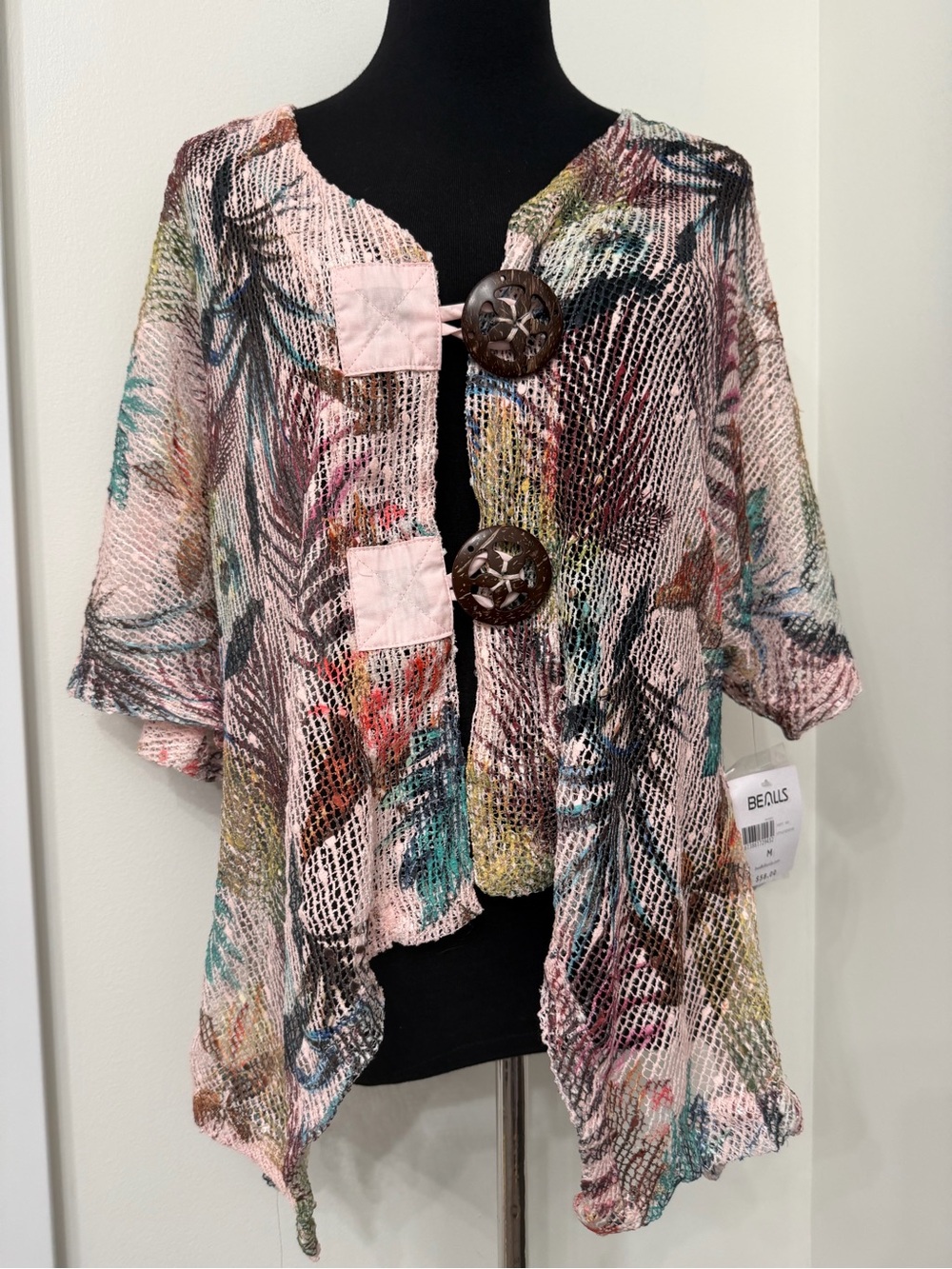 Coral Bay Pink Multi-Color Open Knit Cardigan with Large Decorative Button M